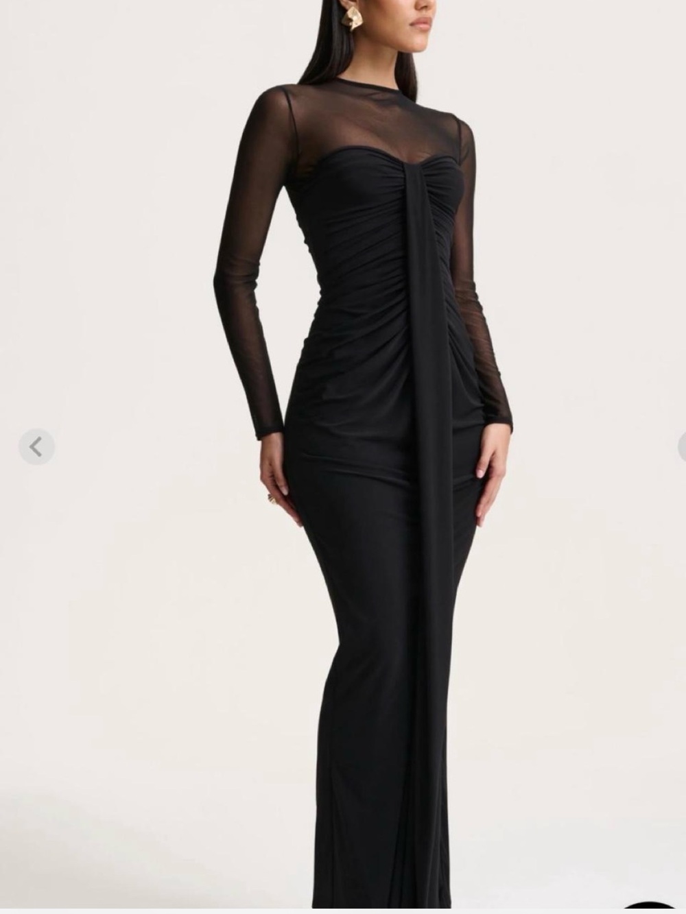 Club L London Black Sheer-Panel Ruched Long-Sleeve Gown